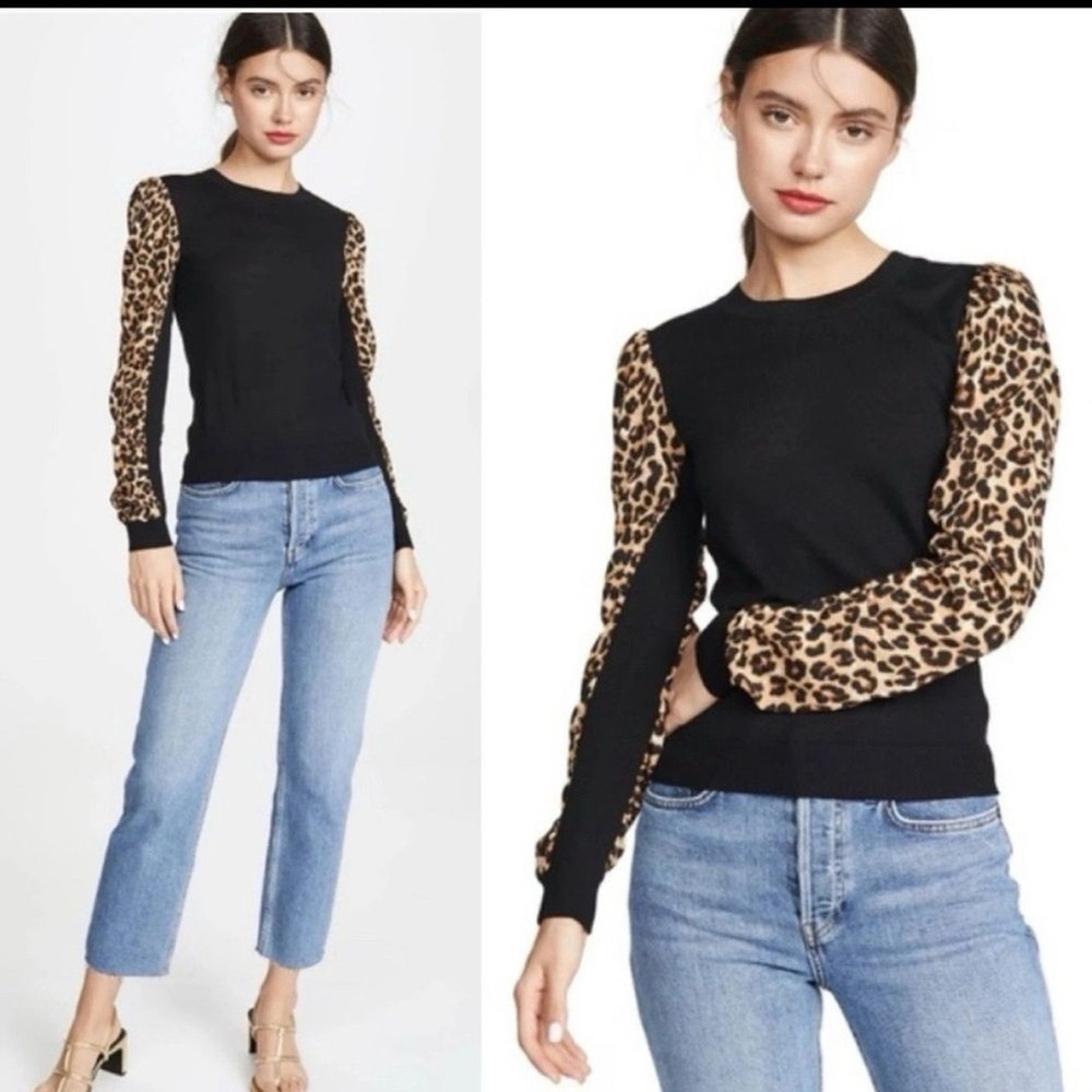 Veronica Beard Adler Mixed Media Sweater Wool Crewneck‎ Animal Print Size S